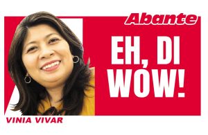 vinia vivar | Abante Smiling woman (Vinia Vivar) on a red campaign banner with bold white text'EH, DI WOW!' and the Abante logo.