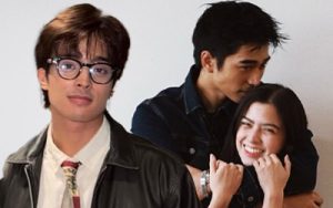 Three young adults posing together: a man with glasses and a leather jacket on the left, and a smiling couple on the right (man behind woman, she covering a partial smile).
