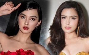 Two glamorous women posing together; left in a red floral off-the-shoulder dress with dark hair and bold red lips, right in a gold outfit with wavy hair.
